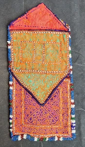 Portafoglio Kuchi ricamato a marsupio Asia centrale fatto a mano con perline arancione/viola/verde - Foto 1 di 9