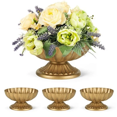Set of 4, 7'' Wide 3.94'' High Distressed Gold Compote Pedestal Vases, Vintag... - Image 1 of 4