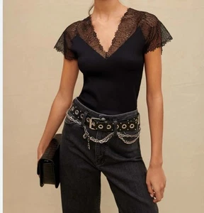 Women’s Lace and Jersey Black V Neck Top / Medium - Picture 1 of 8