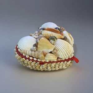 Vtg Sea Shell Encrusted Heart Shaped Trinket Jewelry Box Hinged Lid Coastal - Picture 1 of 4