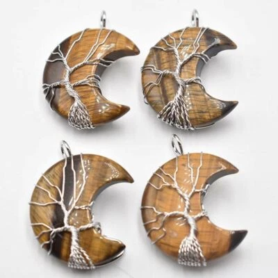 10pcs/lot Natural Tiger Eye Stone Tree of Life Moon Shape Pendants DIY Jewelry - Image 1 of 4