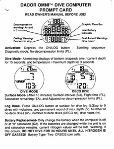 Plastic Dacor Omni Dive Computer Prompt Card SCUBA QUICK START GUIDE - Picture 1 of 2