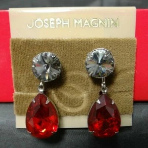 VINTAGE NEW JOSEPH MAGNIN CROUND RED PEAR RHINESTONES DROP PIERCED EARRINGS - Picture 1 of 10