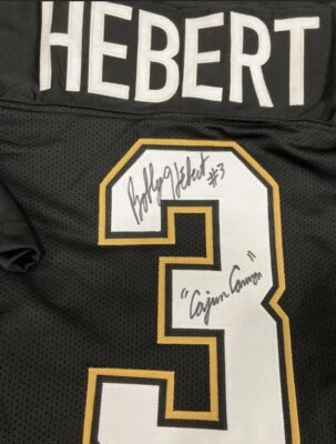 Saints Bobby Hebert “ Cajun Cannon “ Custom Signed  Jersey Auto Autograph  JSA - Image 1 of 3