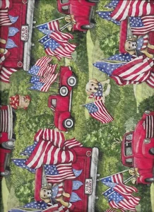 New Patriotic Dogs in Red Trucks w/Flags 100% Cotton Fabric by the Yard - Picture 1 of 4