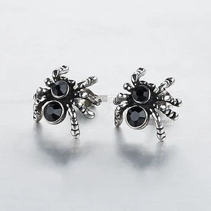 silver stud stainless steel black crystal vintage style spider earrings Gothic - Picture 1 of 1