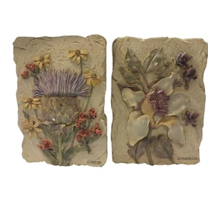 Set of 2 Cheri Blum 3D Art Resin Plaque Hand Painted Cymbidium Cynara Tiles - Picture 1 of 6