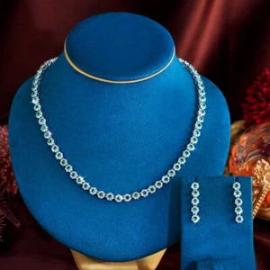 Lebhaft grün CZ rund verbunden Halsband Halskette Hänger Ohrhänger Schmuckset - Bild 1 von 13