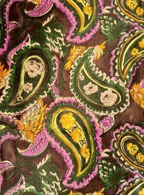 Vintage Chintz Fabric 1940s Paisley Deep Bright Green Brown Yellow BT Half Y A7 - Image 1 of 4