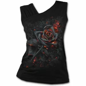 SPIRAL DIRECT BURNT ROSE Gathered Shoulder Slant Vest Top/Thorn/Gothic/Flames - Picture 1 of 2