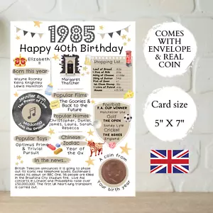 40th Birthday Card With 1985 Coin & Envelope - Choose your Card Colour -British - Picture 1 of 6