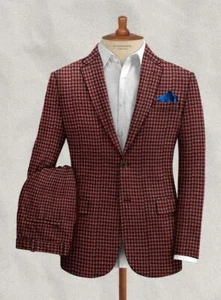 Herren Anzug Burgund Hahnentritt Tweed Bräutigam Smoking Abschlussball Hochzeit Blazer Maßanfertigung - Bild 1 von 10