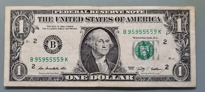 2009 One Dollar Federal Reserve Note $1 FANCY SERIAL NUMBER B95955559K #96364 - Image 1 of 2