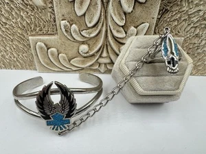 VTG Silver Tone Turquoise Ege ‘86 eagle slave bracelet Harley Davidson Inspired - Picture 1 of 4
