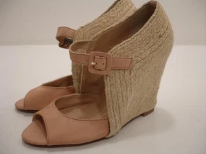 Women's 5 B M Schutz Anabela Beige Jute Nude Nubuck Leather Sandals Wedge Heels - Picture 1 of 12