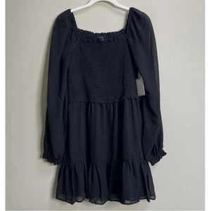 1.STATE Rich Black Smocked Square Neck Ruffle Hem Long Sleeve Dress Size Large - Picture 1 of 11