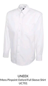 Men's Uneek White Shirt Oxford Pinpoint Weave Long Sleeve Button Down Collar - Picture 1 of 4