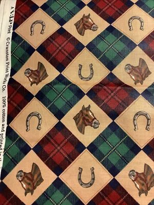 Vtg Fabric VIP Cranston Print Works Equestrian Horse Heads Horse Shoes BTY Plaid - Image 1 of 2