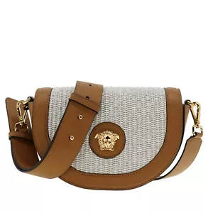 Versace Medusa Saddle Shoulder Bag Brown Leather Raffia New - Picture 1 of 9