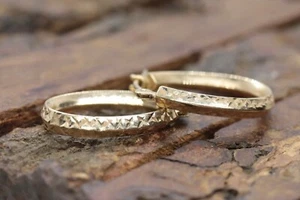 Vintage 14k yellow Gold Puffed Hollow Earrings. Jacmel Hoop engraved earrings. - Picture 1 of 8