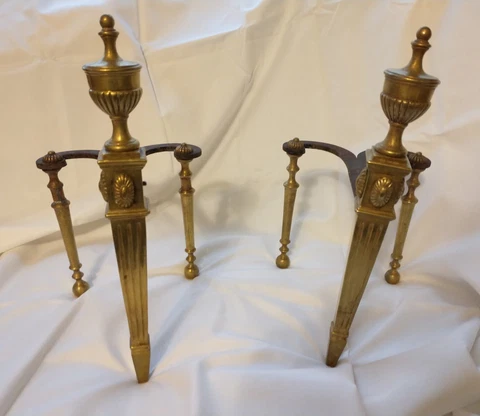 Vintage Greek Revival NeoClassical Empire Brass & Cast Iron Andirons Firedogs Cover