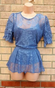 NEXT BLUE LACE SHORT SLEEVE PEPLUM PARTY BLOUSE T SHIRT TOP VEST 10 S - Picture 1 of 5