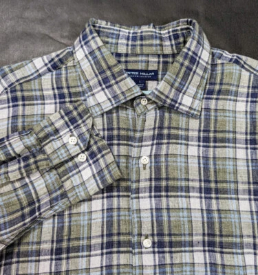 Peter Millar Crown Crafted Linen Button Up Shirt Size XL Slim Plaid Polperro - Image 1 of 4