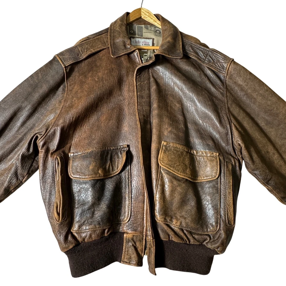 Vintage Club Elite Brooks Distressed Leather Bomber Jacket Size Medium 1990's - Image 1 of 4
