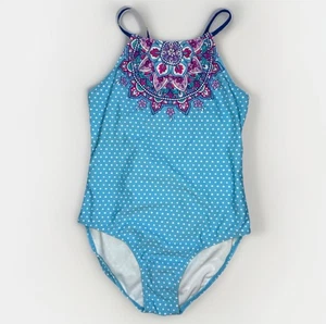 Wallflower One-Piece Swimsuit Girls Size 10 Blue Polka Dots - Picture 1 of 10