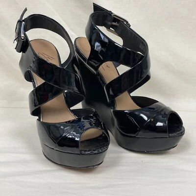 Badgely Mischka Mark and James Black Patent Wedge Sandals Size 9 Platform Peep - Image 1 of 4