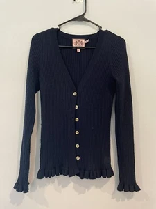 Juicy Couture 100% Wool Ruffle  Cardigan Sweater Navy Blue Size L - Picture 1 of 5