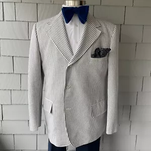 70s Vintage Haspel Gray & White Seersucker 3-Button Mens Swanky Jacket Size 46 - Picture 1 of 8
