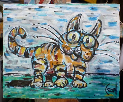 Panel de tarjetas de pintura de gato de dibujos animados DUMPEE 8x10 arte divertido original firmado Crowell Foto 1 de 4