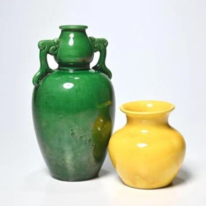 Chinese Apple Green Double Gourd Lemon Yellow Bulbous 20th C Monochrome Vase 2pc - Picture 1 of 7