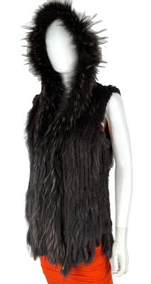 Designer New 6 8 US 42 44 IT M Brown Knit Rabbit Fur Hood Coat Jacket Vest - Image 1 of 4