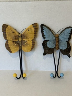 "2 perchas de gancho de pared de madera azul y amarillo mariposa - 9""" Foto 1 de 4