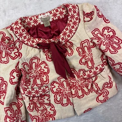 Jak & Rae 女式花卉刺绣短夹克 8 码米色红色羊毛混纺 — 第 1/4 张图片
