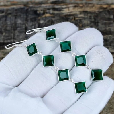 Emerald Lab-Created Gemstone 925 Sterling Silver Handmade Jewelry Earring Gifts - Image 1 of 4