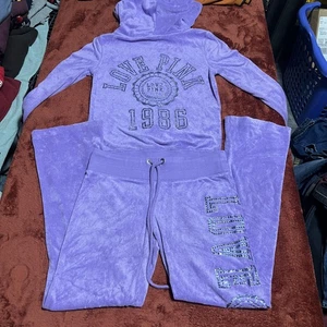 PINK Victoria's Secret Trainingsanzug Set Damen XS Lila Velour Strass Hoodie - Bild 1 von 12