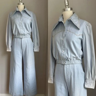 Винтажный 70-х с заклепками звезды кинжал воротник Chambray джинсовая куртка и Bellbottoms джинсы XS - Изображение 1 из 4
