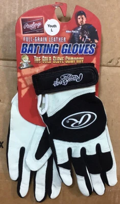 Rawlings Youth Large Full-Grain Leather Baseball Batting Gloves Black/White P23 - Image 1 of 4
