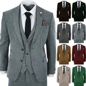 Mens 3Pcs Suit Tweed Wool Herringbone Tuxedo Suits Blazer Vest Pants 42r 44r 46r - Picture 1 of 22