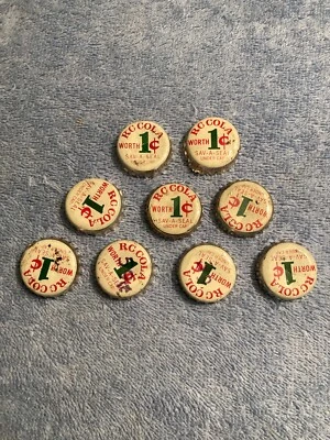 LOTE VINTAGE # 6 USADO RC COLA VALOR 1 CENTAVO SODA POP TAPA BOTELLA LOTE DE 9 CORCHO Foto 1 de 4