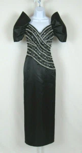 DRESS VTG 1980s ROSE TAFT COUTURE FASHIONS BLACK EVENING PROM GOWN BLACK BEADS - Picture 1 of 12