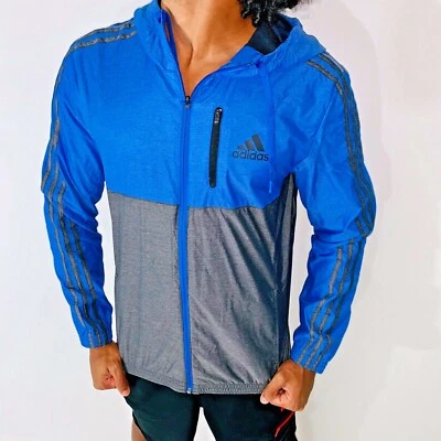 Adidas Vintage Rare Glanz Windbreaker Jacket Blue Gray Stripes Hood - Image 1 of 4