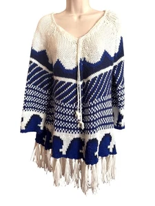 Suéter Piperlime Tejido Flecos S Azul Blanco Boho Poncho Estilo Pullover Festival - Imagen 1 de 10