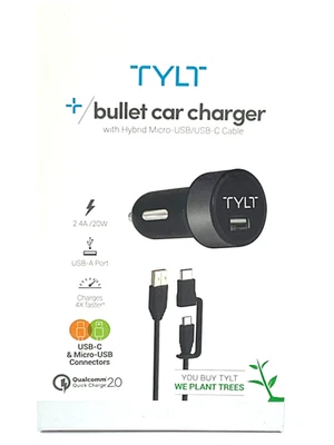TYLT Bullet Car Charger 2.4A 20W  + USB-A Port 4x Fast Charges New - Image 1 of 4