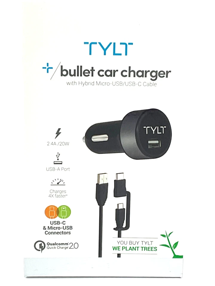 TYLT Bullet Car Charger 2.4A 20W  + USB-A Port 4x Fast Charges New - Image 1 of 4