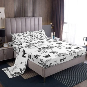 Western Sheet Set Queen Size Sketch Cowboy Cow and Horse Bedding Set 4Pcs Far... - Picture 1 of 7