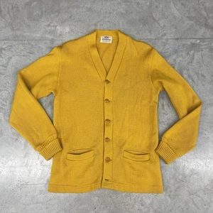 Vintage 70s Campus Mustard Yellow Mens M Knit Cardigan Virgin Wool - Picture 1 of 7